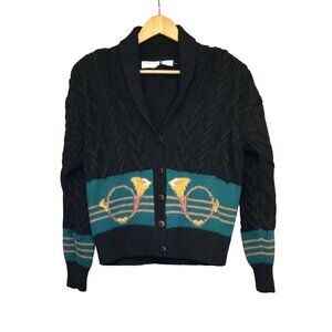 Vintage Cable Knit Cardigan Sweater M French Horn Music Shawl Collar Old Money